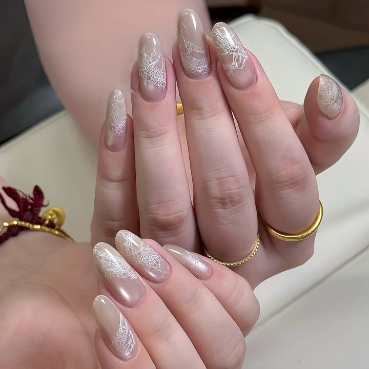Press-On Nail Art Collection with Holographic Lace Design