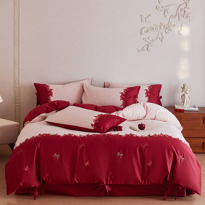 Embroidered Bow Cotton-Sateen Reversible Duvet Cover Set with Tie Corners and Decorative Pillow Shams