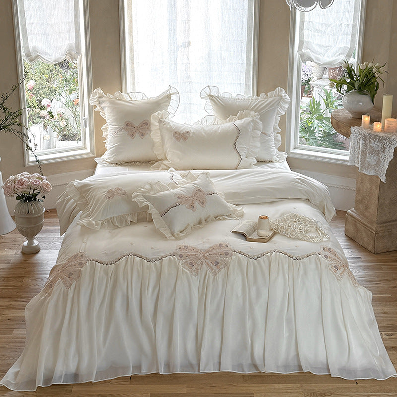 Ruffled Embroidered Bow Duvet Cover Set with Pleated Bed Skirt