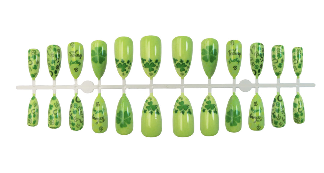 Art nail set with cheerful clover designs and casual lettering motifs Stornfield