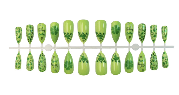 Art nail set with cheerful clover designs and casual lettering motifs Stornfield