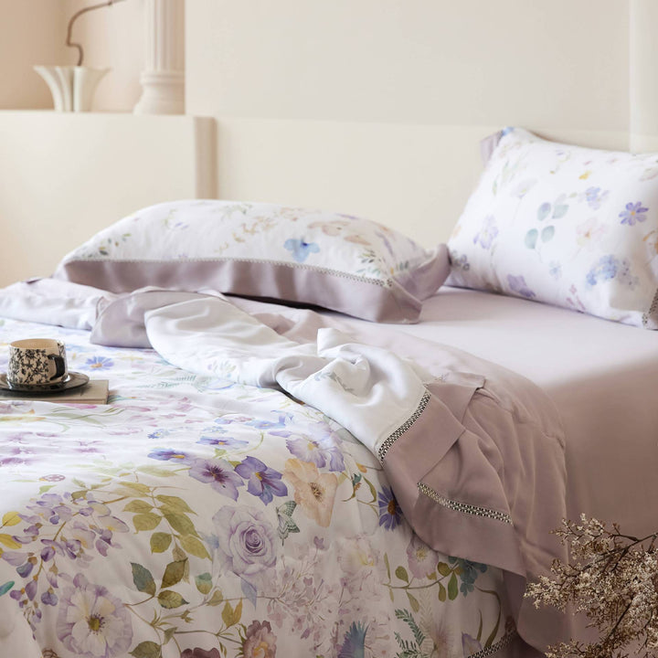 Elegant satin bedding set with floral watercolor print and ruffled bed skirt