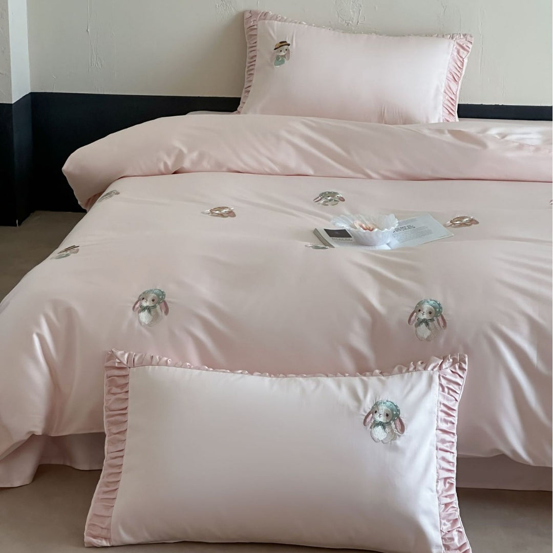 Luxurious cotton satin bedding set with embroidered bunnies
