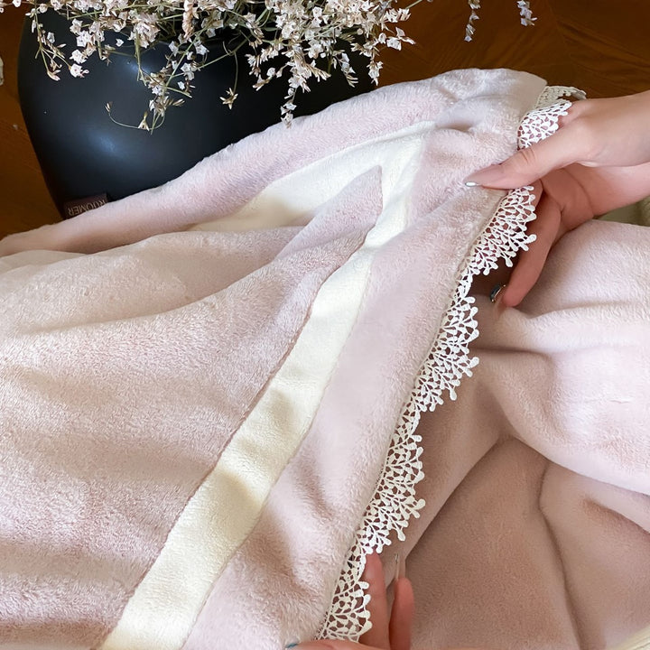 Embroidered Lace-Trim Plush Velvet Duvet Cover Set with Decorative Pillow Shams