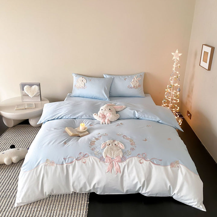 Plush Bunny Appliqué Cotton-Sateen Decorative Duvet Cover Set