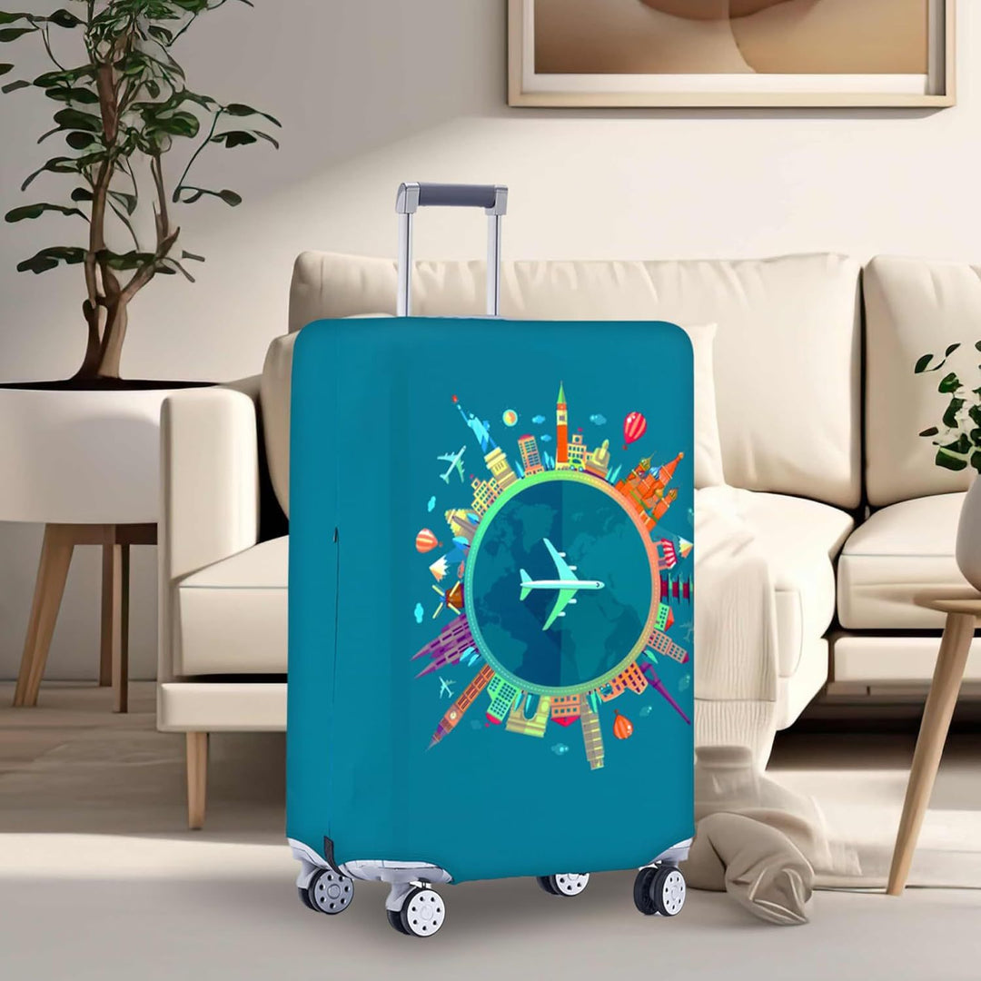 Unisex non-elastic suitcase protective cover with world travel design for hard-shell trolley and spinner wheels Stornfield