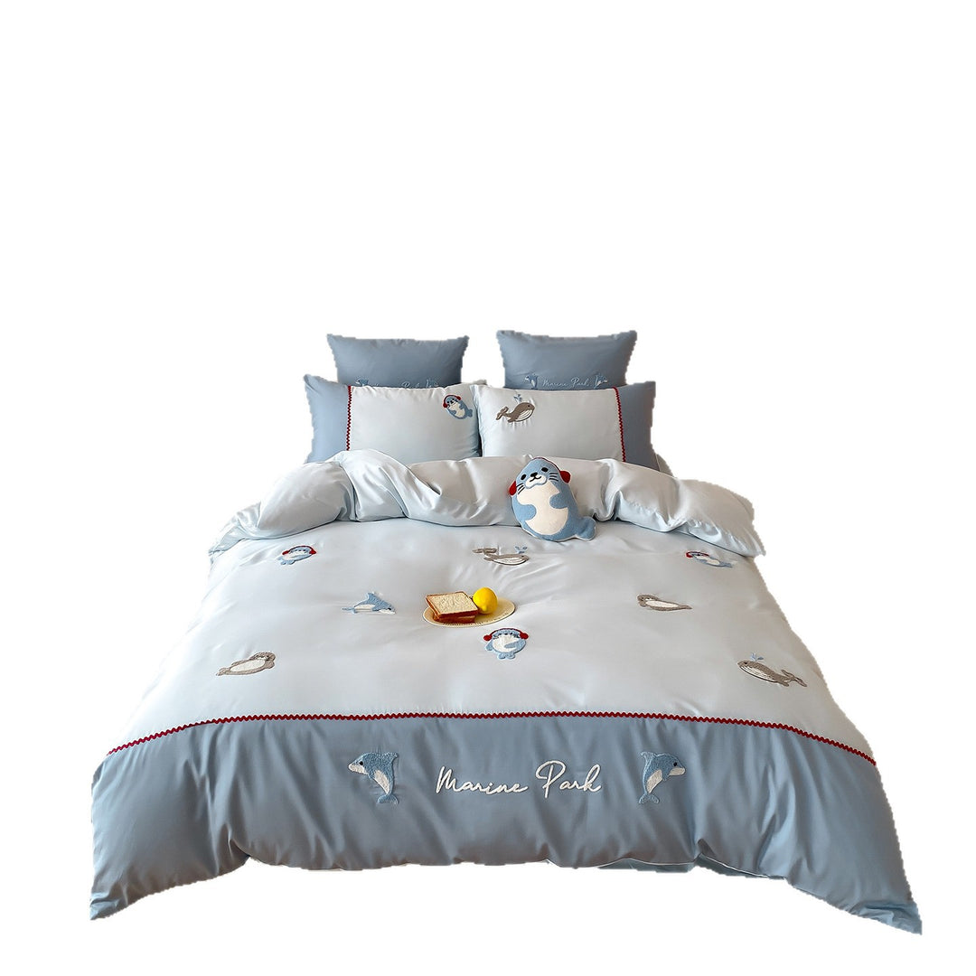 [Unisex] Marine Embroidered Cotton Sateen Duvet Cover Bedding Set with Pillowcases and Plush Seal Cushion