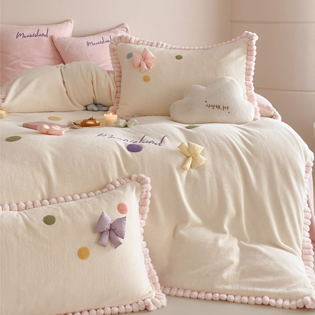 Cozy Plush Chenille Strawberry Appliqué Duvet Cover Set with Lavender Pom-Pom Trim