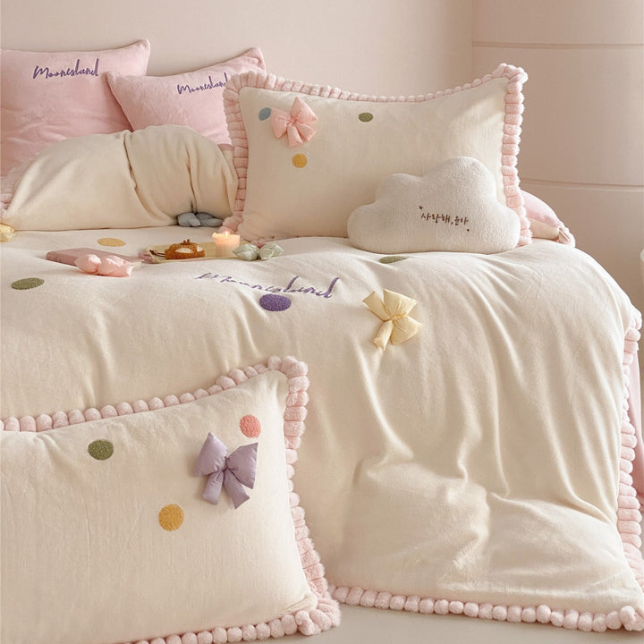 Cozy Plush Chenille Strawberry Appliqué Duvet Cover Set with Lavender Pom-Pom Trim