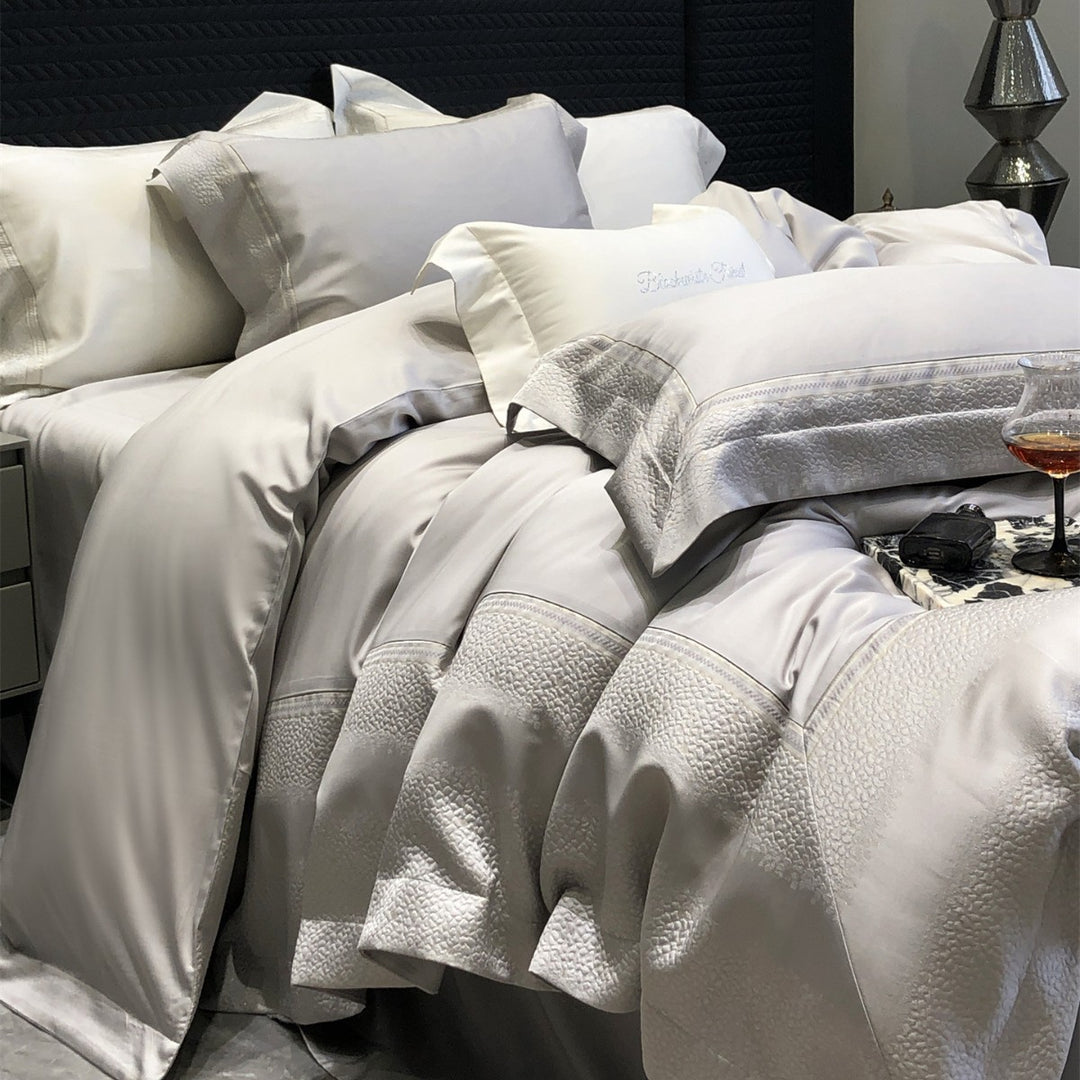 Hotel-Style Organic Cotton Duvet Cover Set with Woven Border and Envelope Pillowcases