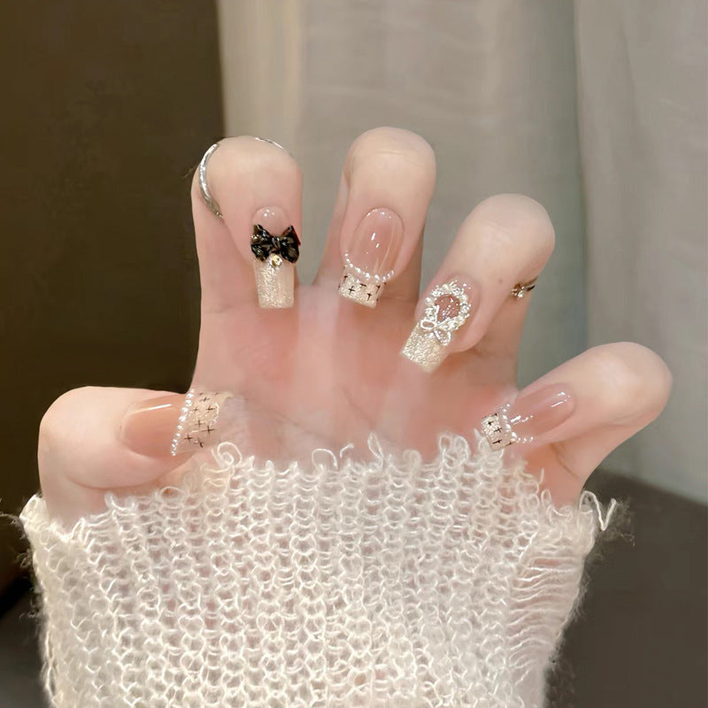 Decorative Press-On Nail Set with Artistic Bow & Glitter Accents Stornfield