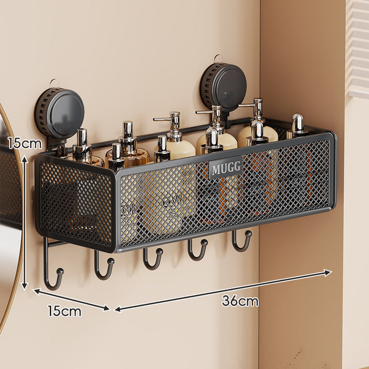 Wall-Mounted Suction Mesh Bathroom Organizer Shelf with Multi-Hook Rack