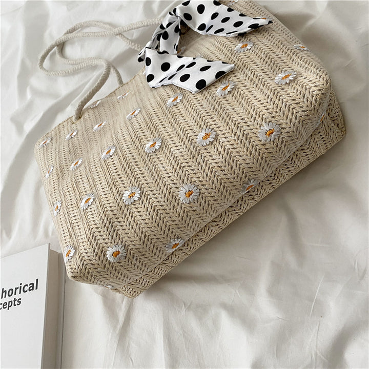 Straw Beach Tote Bag with Decorative Scarf
