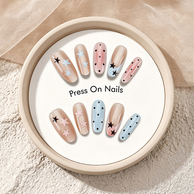 Artistic Press-On Nail Set with Star and Dot Designs Stornfield