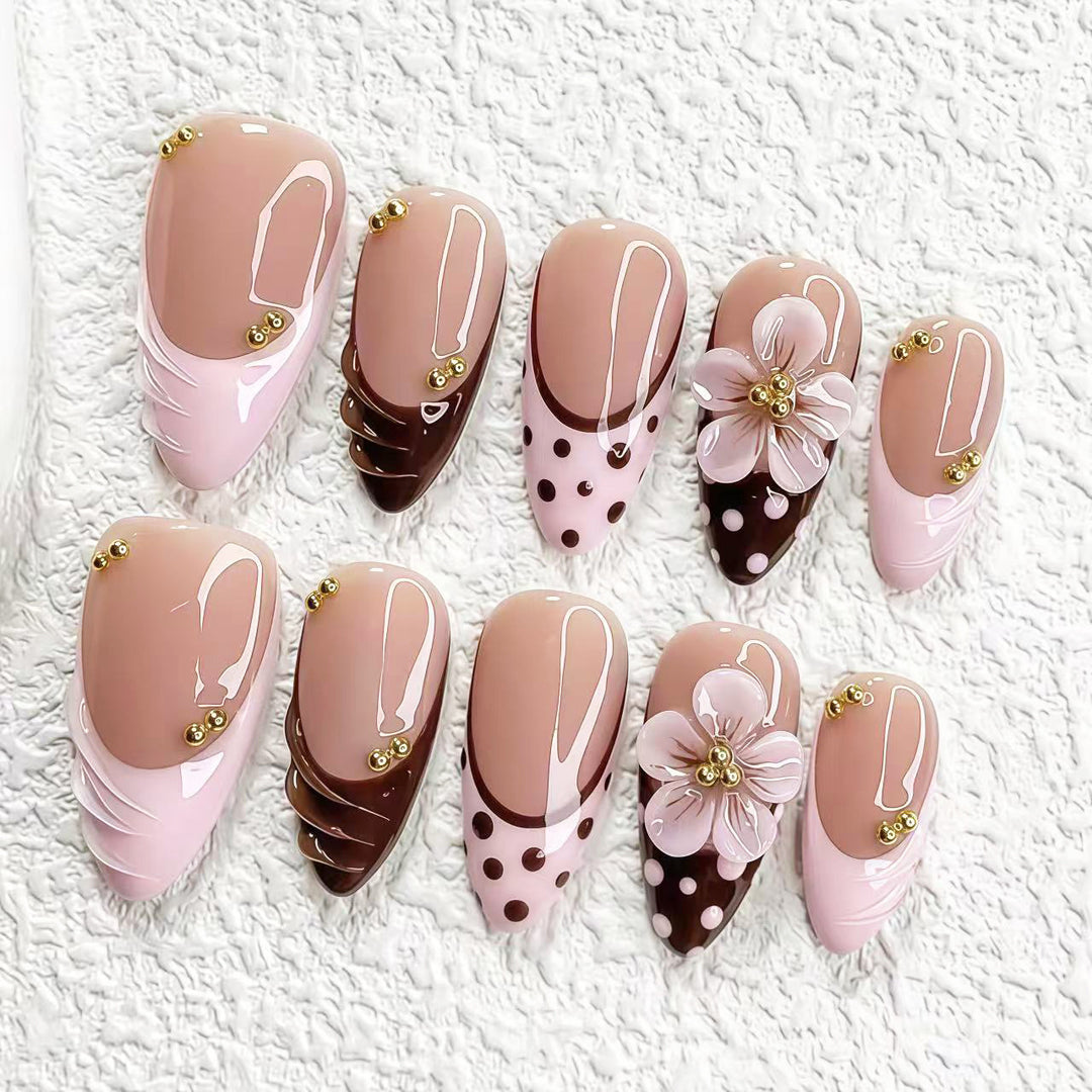 Artistic Press-On Nail Set with Floral and Polka Dot Designs