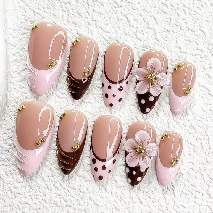 Artistic Press-On Nail Set with Floral and Polka Dot Designs