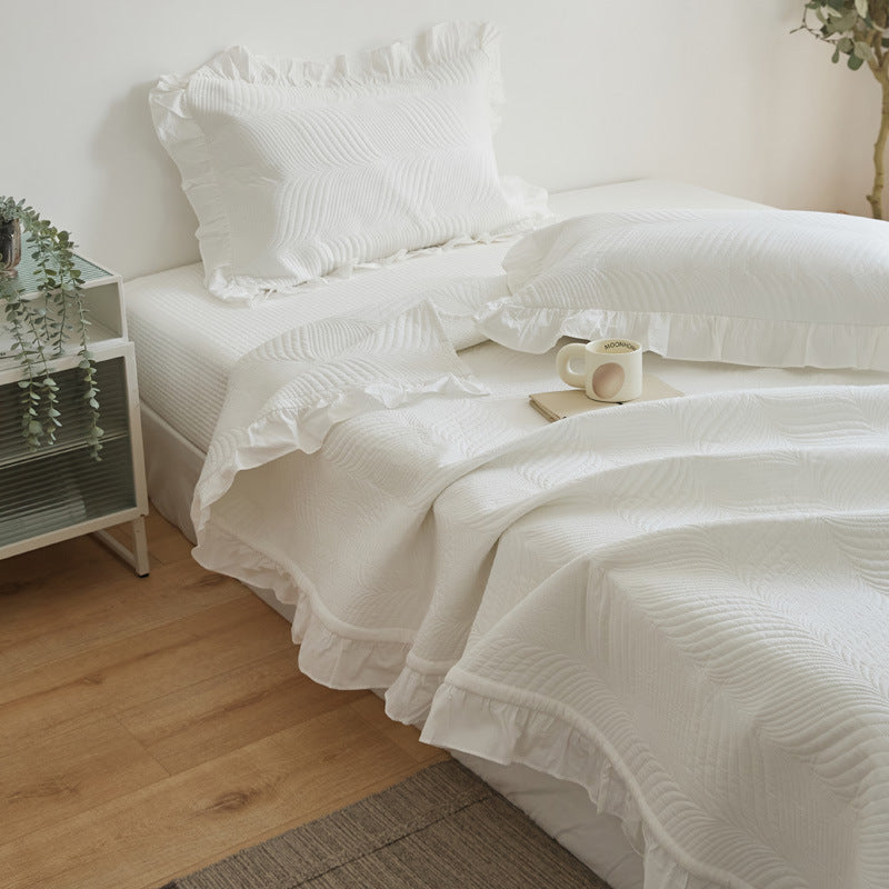 Quilted Wave-Texture Ruffled Bedspread Set with Pillow Shams