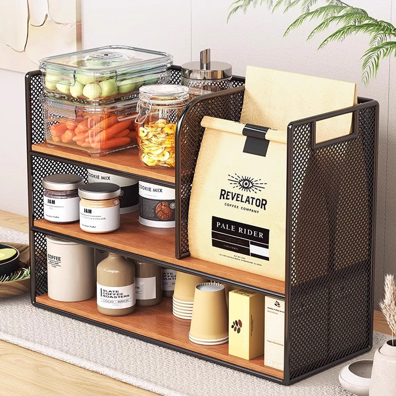 Metal Mesh Countertop Pantry Organizer with Multi-Tier Shelves and Vertical Bag Compartment