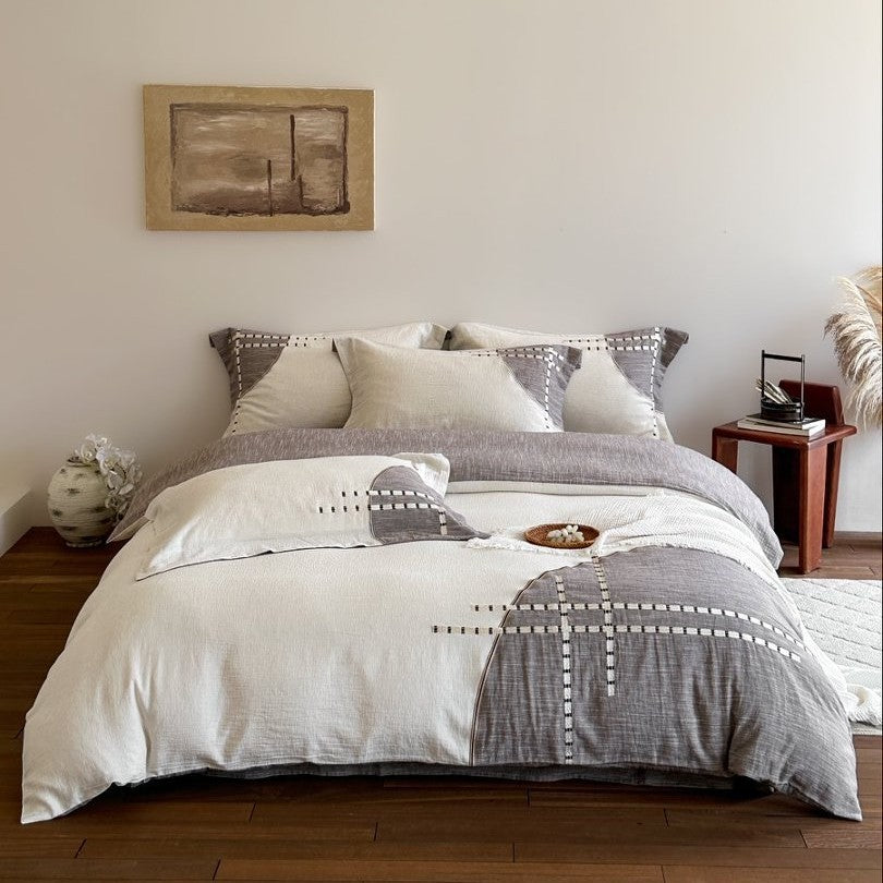 Linen-Blend Duvet Cover Set with Geometric Stitch Embroidery