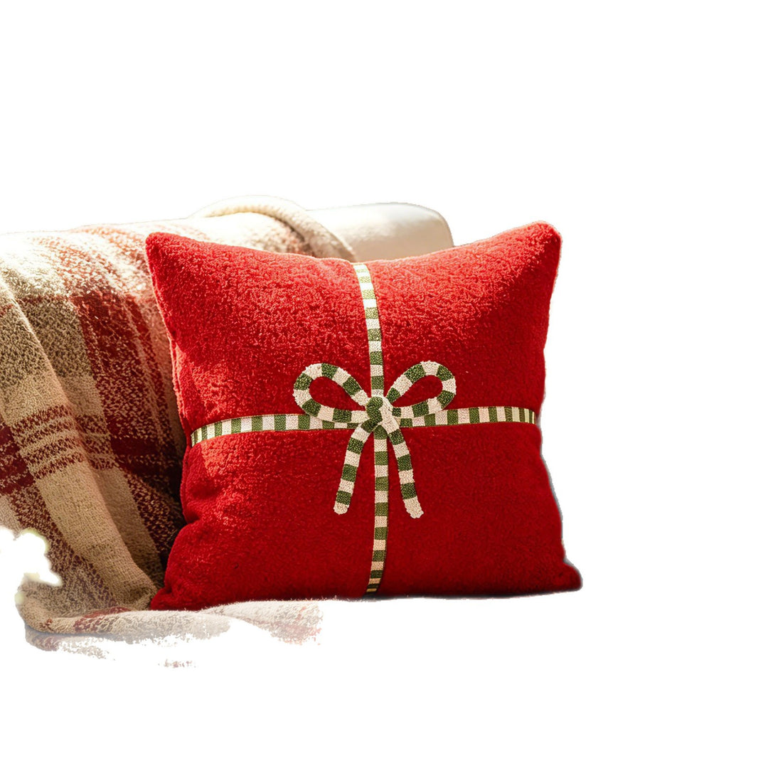 Holiday Textured Plush Throw Pillow with Embroidered Ribbon Bow