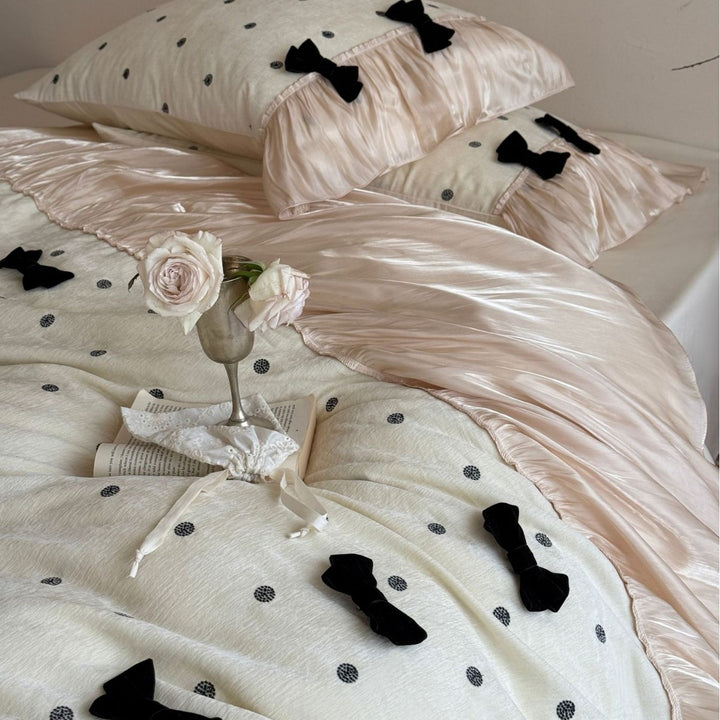 Silky Ruffled Polka Dot Duvet Cover Set with Velvet Bow Accents