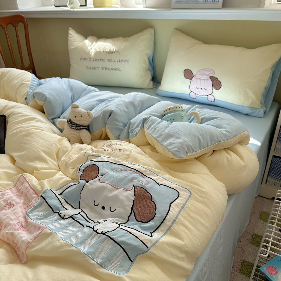 Plush Quilted Cartoon Puppy Duvet Comforter Set
