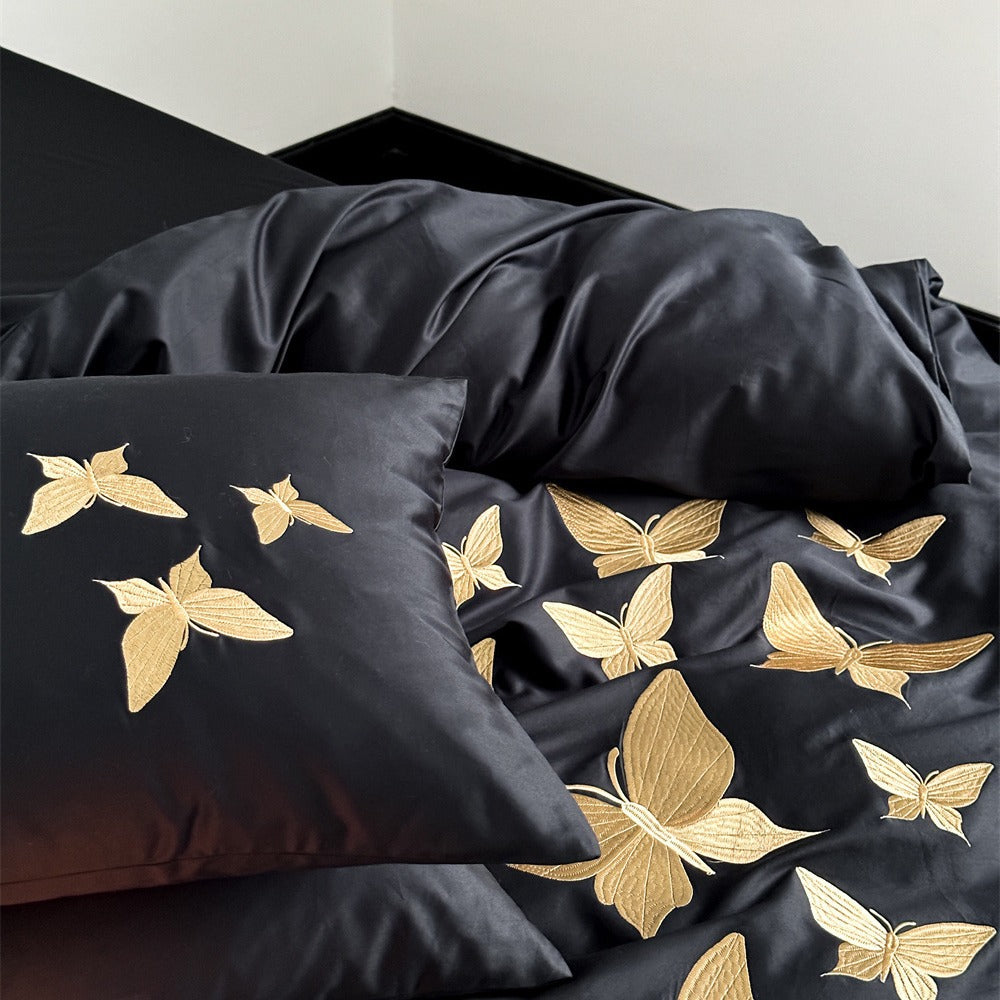 Luxury Cotton Sateen Duvet Cover Set with Gold Butterfly Embroidery