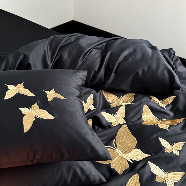 Luxury Cotton Sateen Duvet Cover Set with Gold Butterfly Embroidery