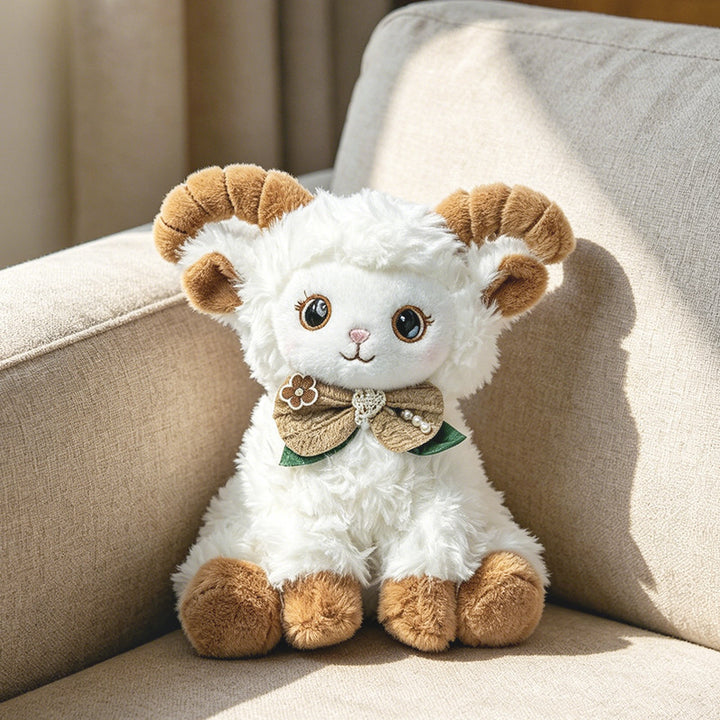 Curled-Horn Ram Plush Collectible with Embroidered Face, Bow Collar & Soft Faux Fur Stornfield