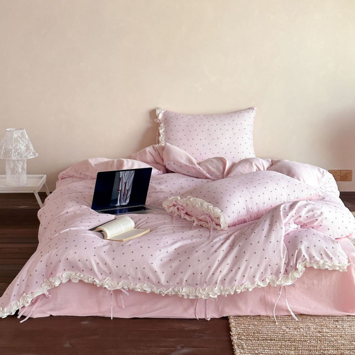Ruffled Cotton Blend Duvet Cover Set with Tied Corners