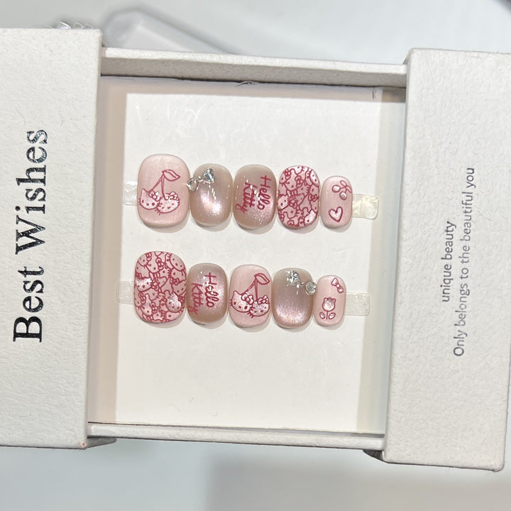 Decorative Press-On Nail Art Set with Cherry and Bow Accents Stornfield