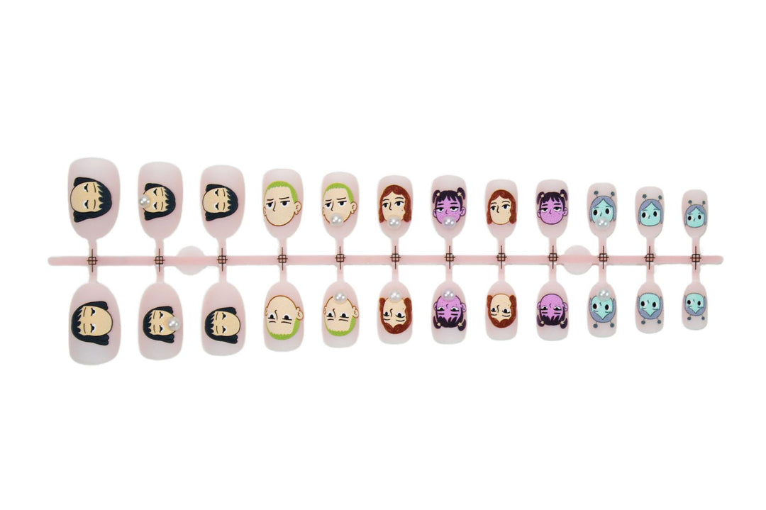 Artifical nail set with creative character designs and elegant pearl accents Stornfield