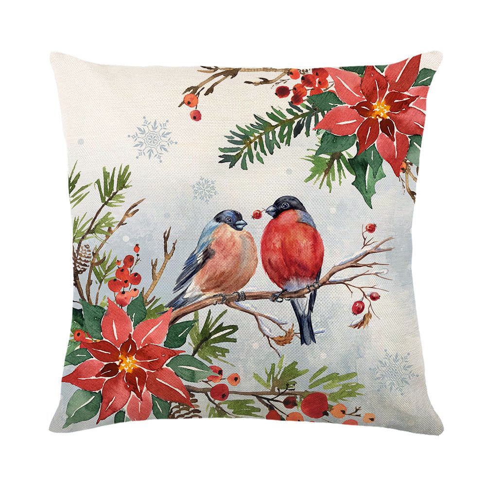 Festive Botanical Wreath Linen-Blend Cushion Cover with Painted Bird & Jingle Bells Artwork