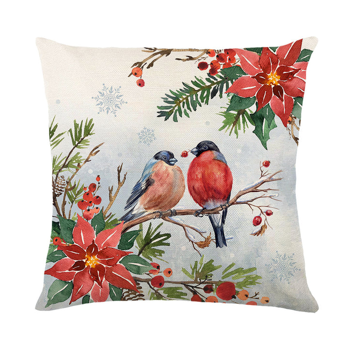 Festive Botanical Wreath Linen-Blend Cushion Cover with Painted Bird & Jingle Bells Artwork