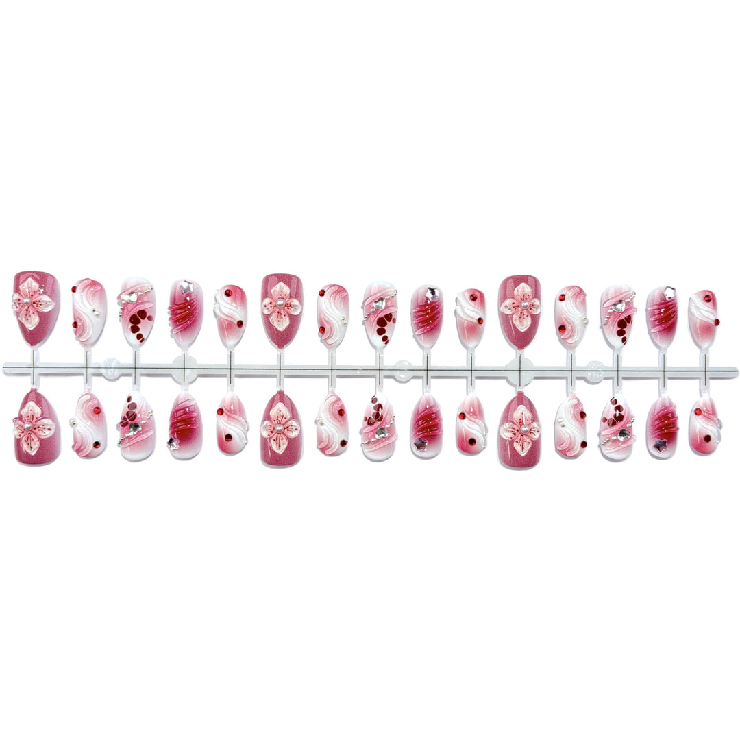 Artistic Press-On Nail Set with Floral and Gem Details