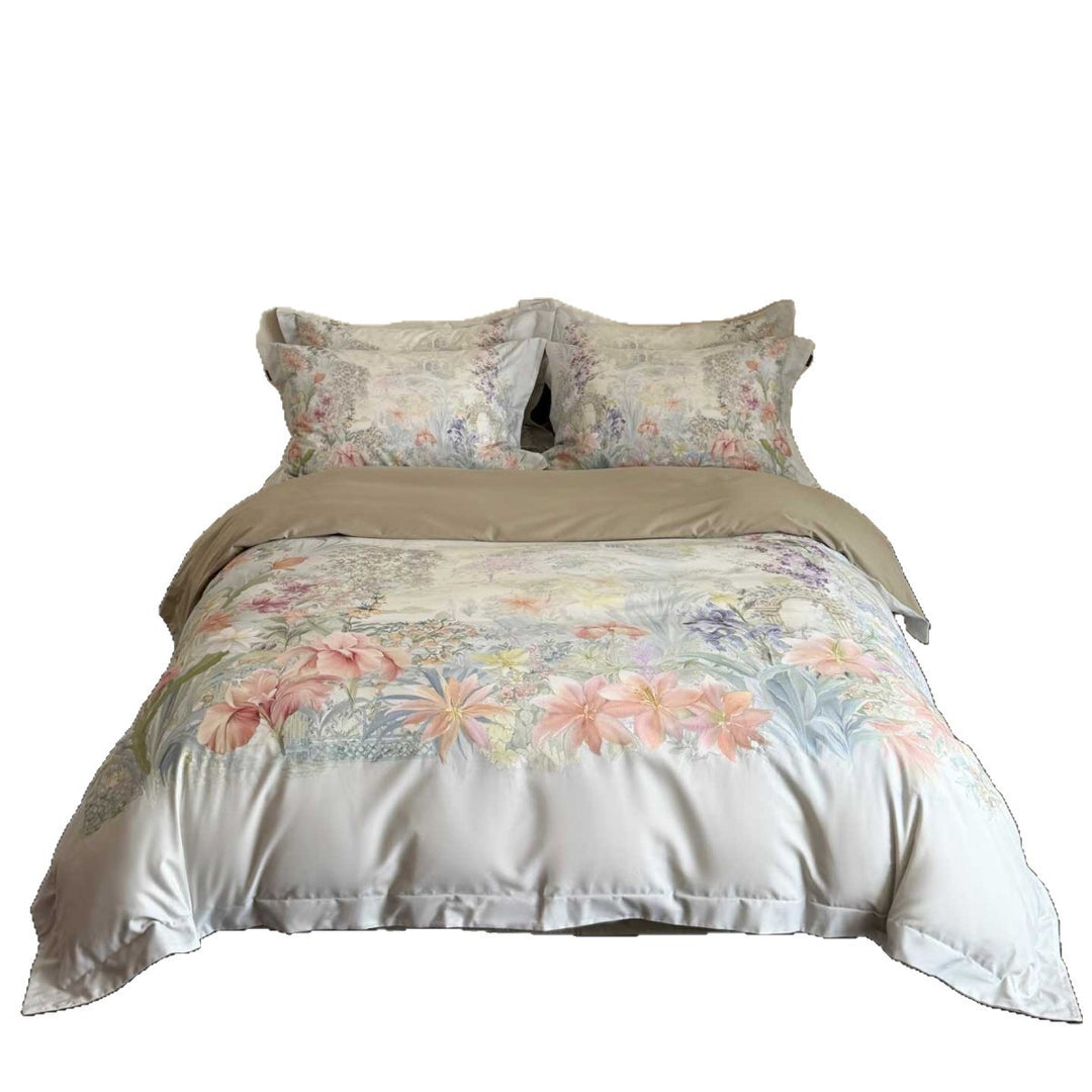 Luxury cotton satin duvet cover set with delicate watercolor lily print