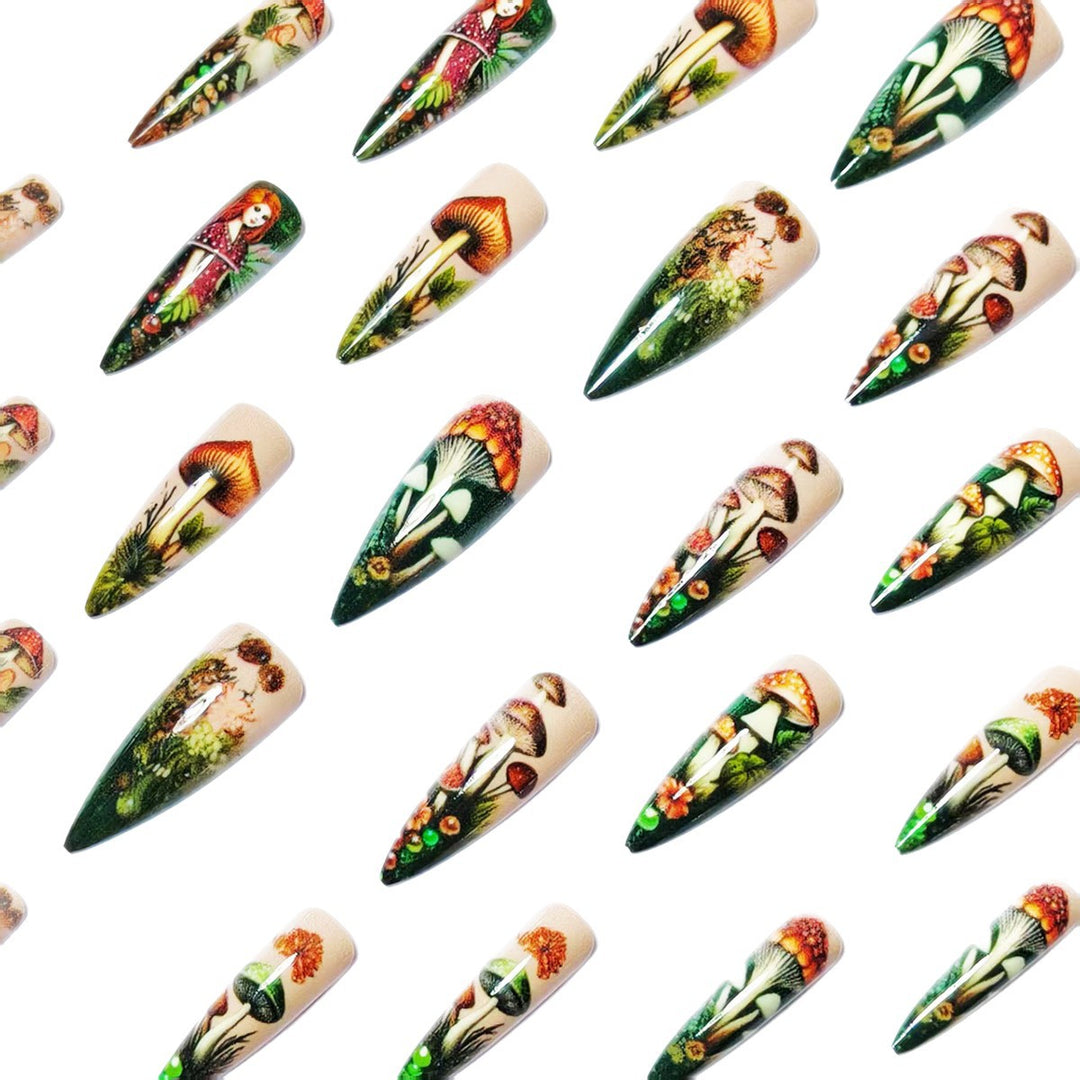 Creative artificial nails with playful fairy and mushroom design Stornfield