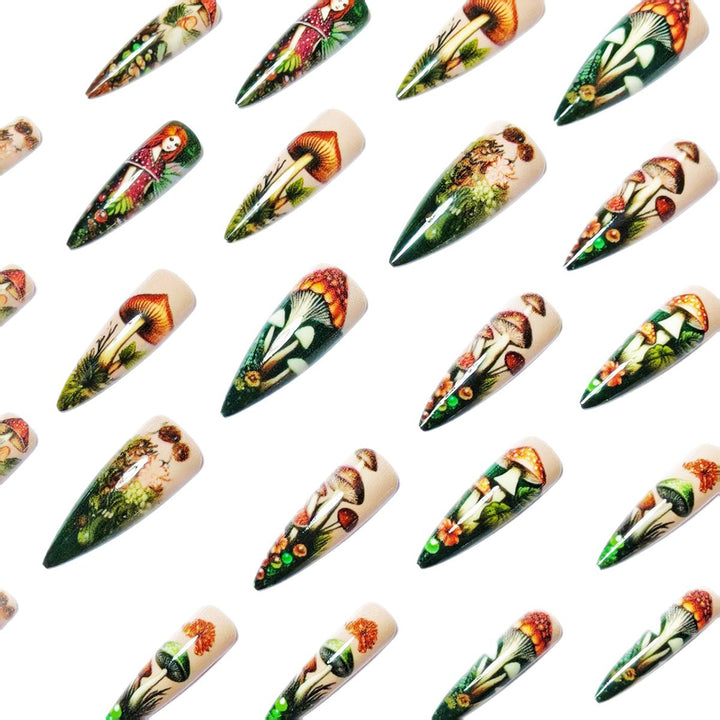 Creative artificial nails with playful fairy and mushroom design Stornfield