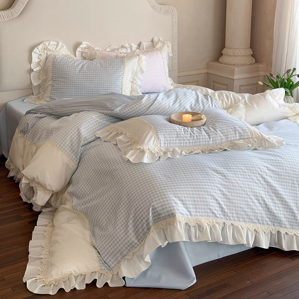 Ruffled Houndstooth Cotton-Sateen Duvet Cover Set
