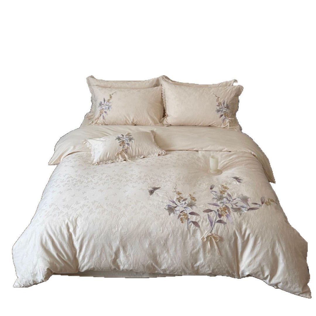 Botanical Jacquard Duvet Cover & Pillow Sham Set with Embroidered Floral Motifs and Lace Trim