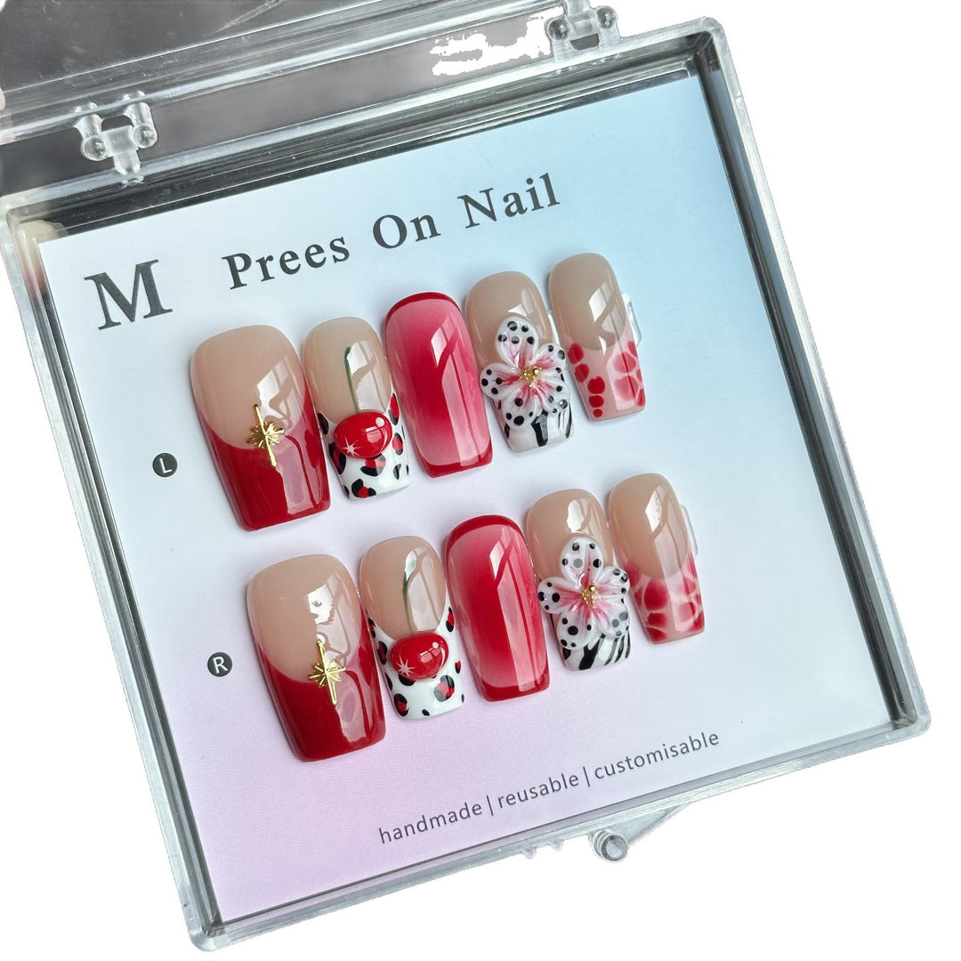 Artistic Press-On Nail Set with Floral and Fruit Designs