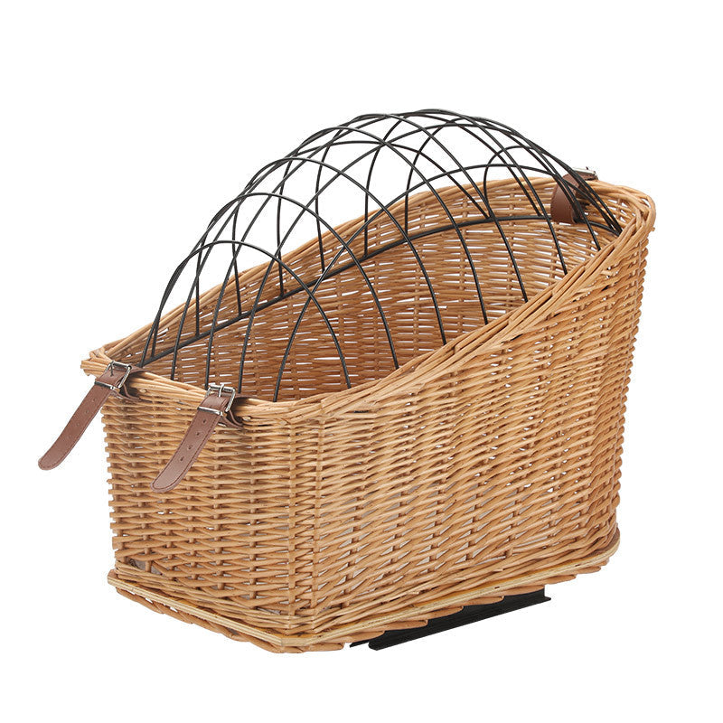 front-mount wicker bicycle pet carrier basket with foldable metal safety dome and adjustable leather buckle straps Stornfield