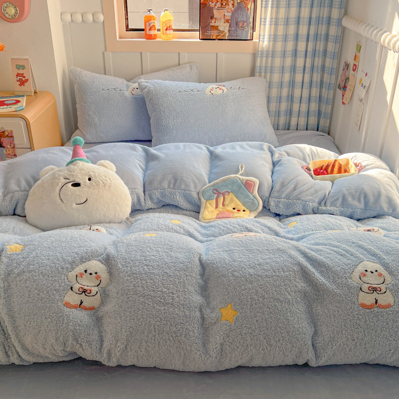 Plush Sherpa Reversible Comforter and Pillowcase Set with Kawaii Embroidered Motif