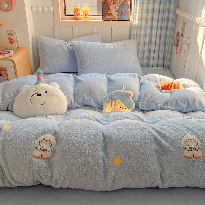 Plush Sherpa Reversible Comforter and Pillowcase Set with Kawaii Embroidered Motif
