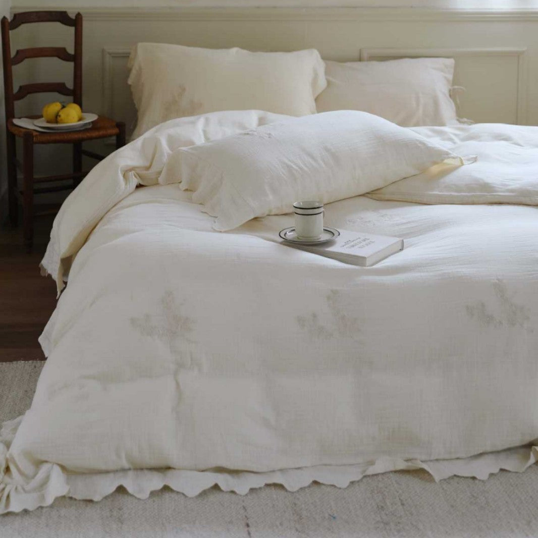 Textured Cotton-Gauze Linen-Feel Ruffled-Edge Duvet Cover Set