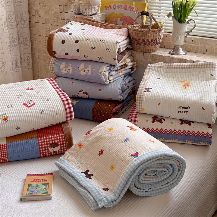 Quilted Cotton Toddler Bed Coverlet Set with Playful Dog and Flower Print and Gingham Trim