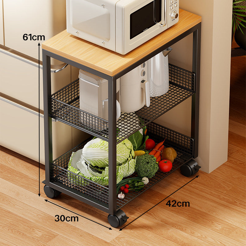 Narrow Bamboo-Top Rolling Kitchen Storage Trolley with Wire Basket Shelves