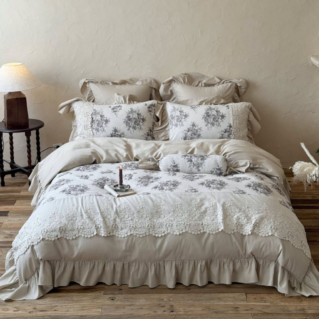 Luxury Floral Lace Ruffle Duvet Cover Set
