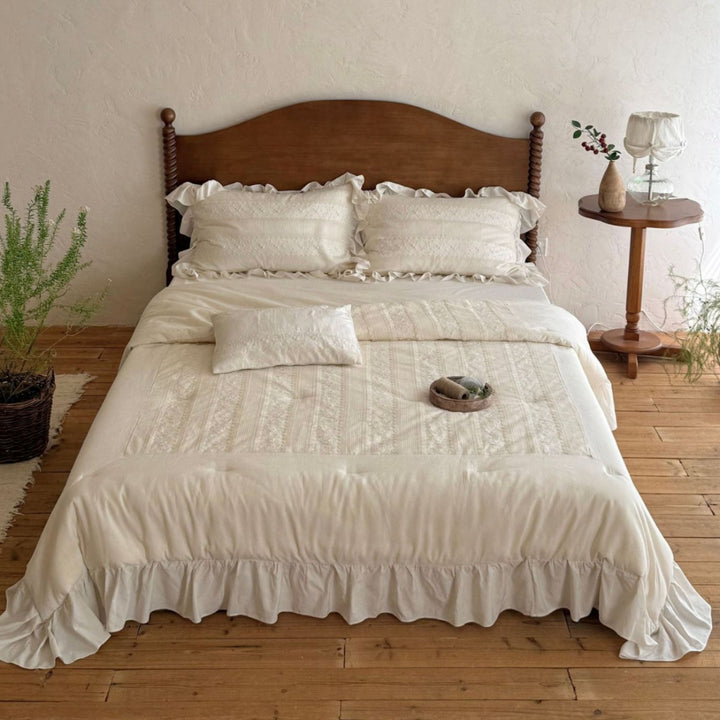 Ruffled Quilted Cotton Comforter & Pillow Sham Set