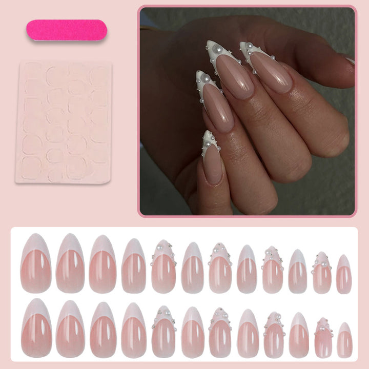 Artificial nail set with elegant pearl and lace embellishments Stornfield